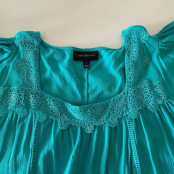 Lane Bryant Women's Tunic Teal Sz 14 Flare Sleeve Squared Neck Rayon Blouse Top - Picture 5 of 11